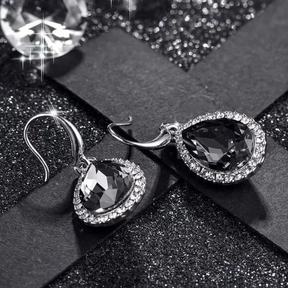 14K White Gold with Charcoal Gray Austrian Crystal Teardrop Halo Hook Earrings